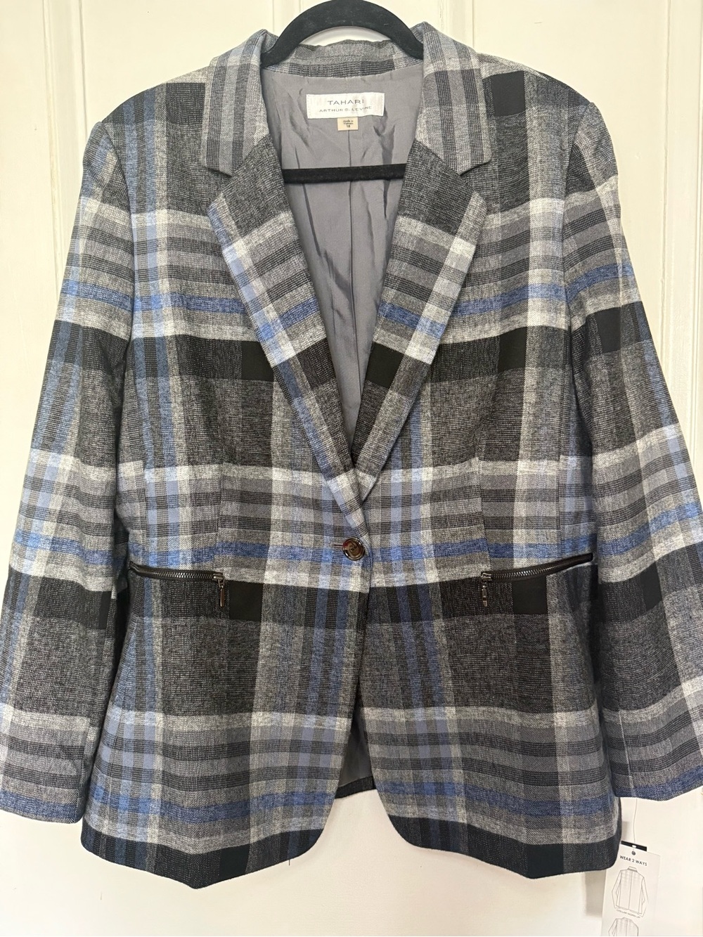 Tahari NWT Grey Blue Plaid 2-Way Collar Blazer - Women’s Size 18